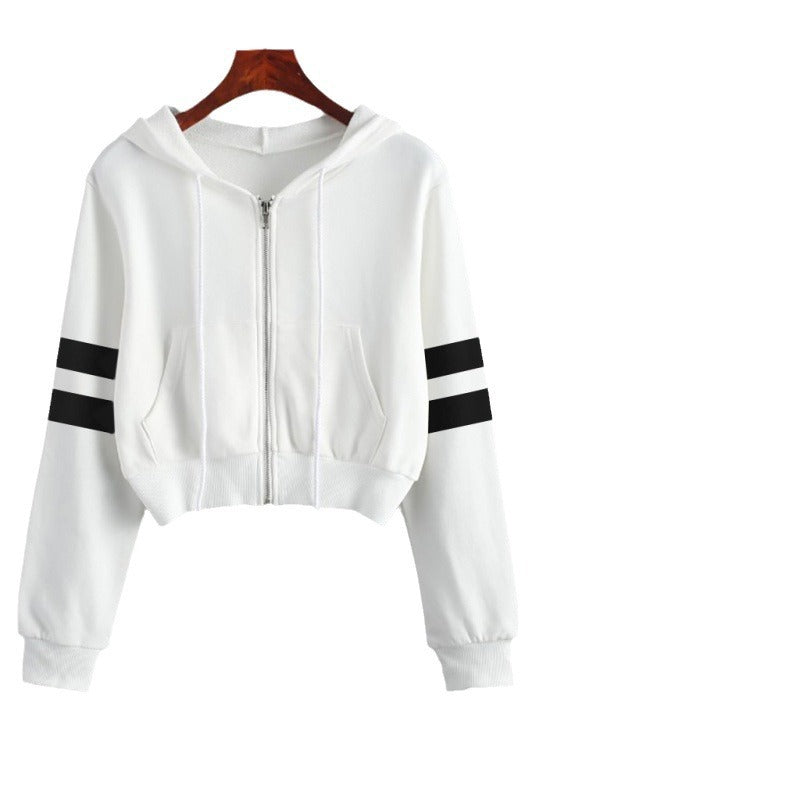Solid Color Short Long-sleeve Zipper Parallel Bars Hoodie Coat