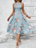 Sleeveless Round Neck Smocking Dress High Waist Slimming Design